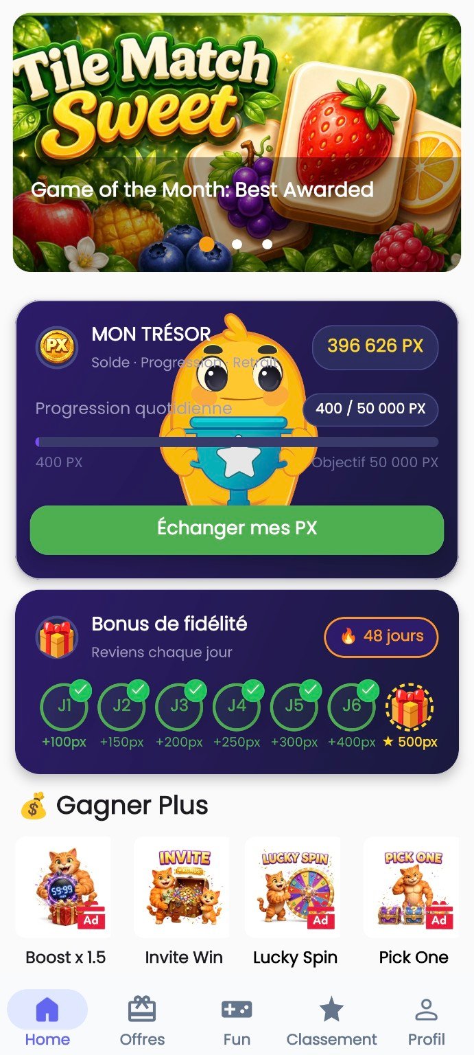 Accueil de l'application PixelPrizes